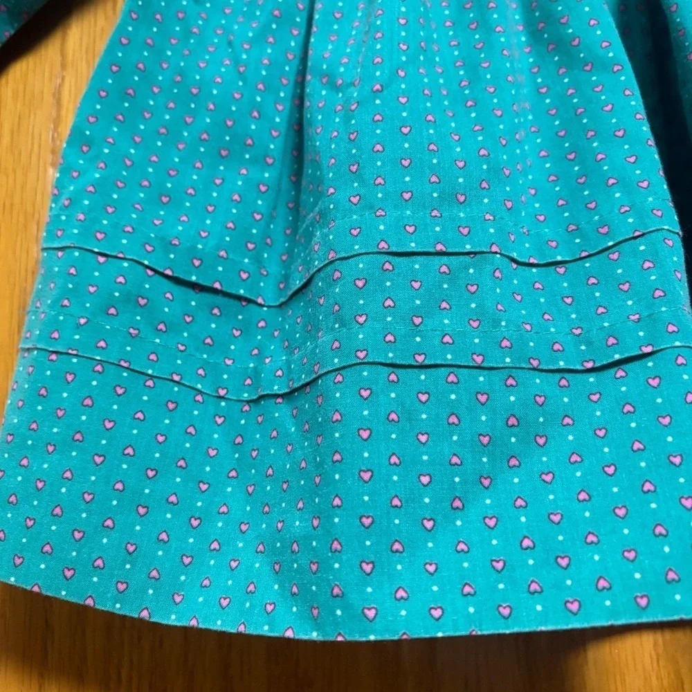 Vintage baby toddler  Green Heart Print Dress White Collar Pink Ribbon Detail